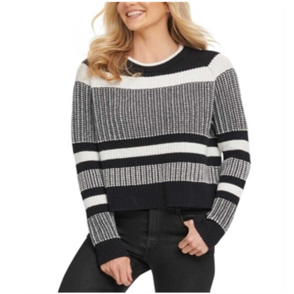 DKNY Women's Cotton Striped Vented-Hem Sweater Black White Size Small